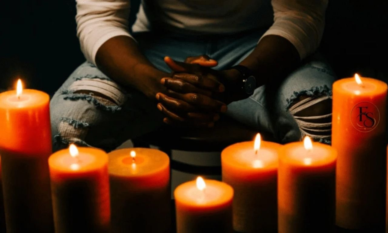 Candles with prayers for peace, healing, guidance, protection, comfort, hope, and spiritual reflection.